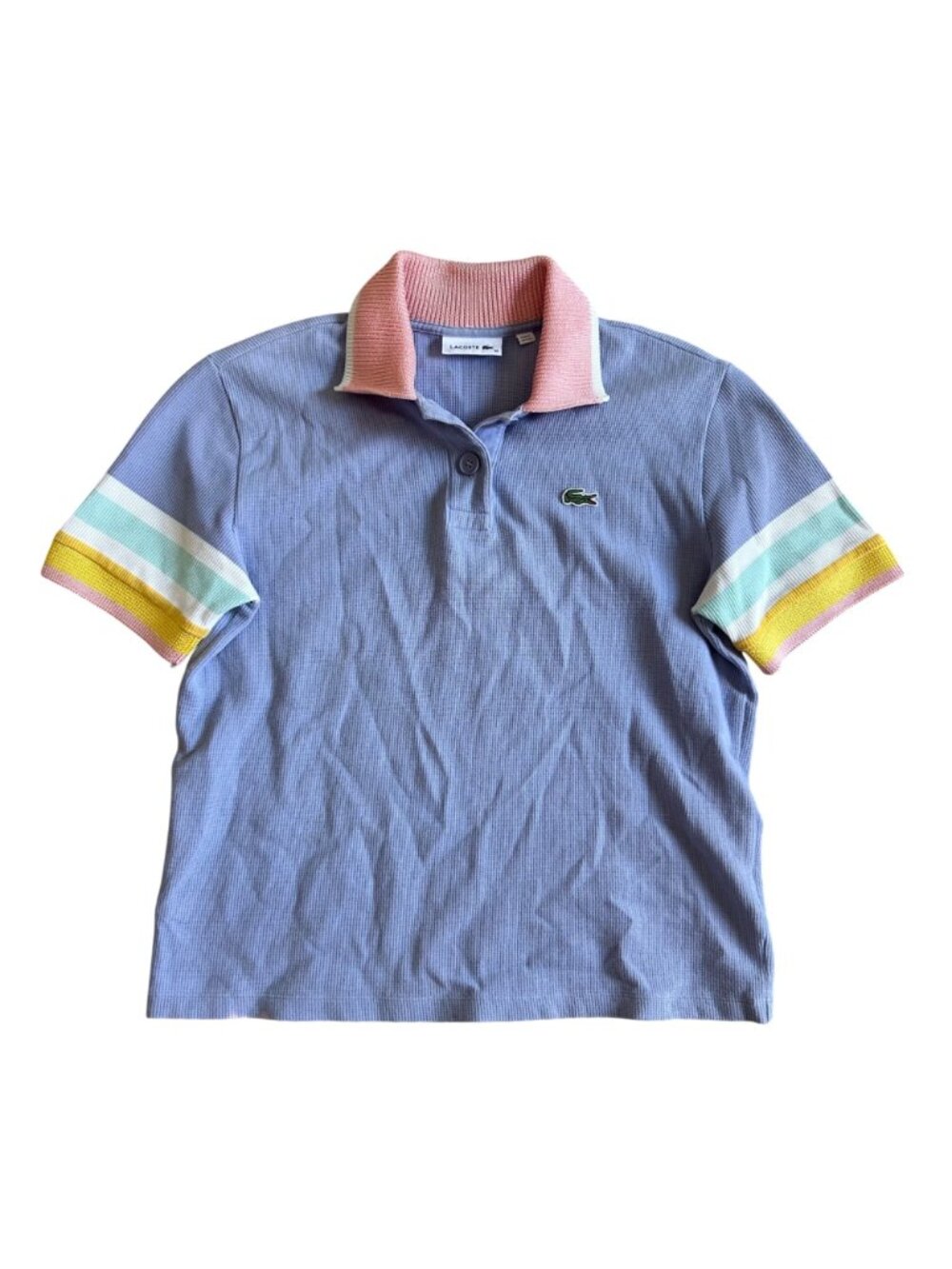 Lacoste Lavender Knit Polo with Pink Collar and Yellow Stripe - Picture 11 of 11